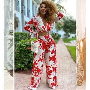 Long Sleeve Open Neck Printed Wide Leg Pant set